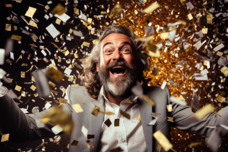 A happy elderly man in festive attire expresses his emotions while confetti flies at him.の素材