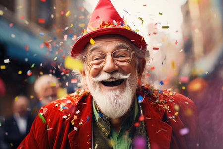 A happy elderly man in festive attire expresses his emotions while confetti flies at him.の素材