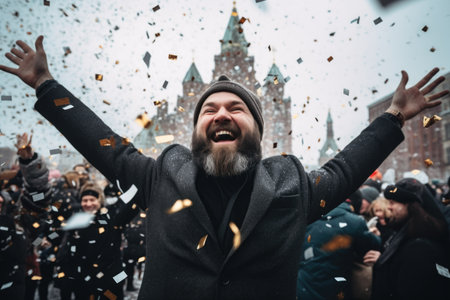 A happy man in holiday attire expresses emotion and confetti rains down on him.の素材