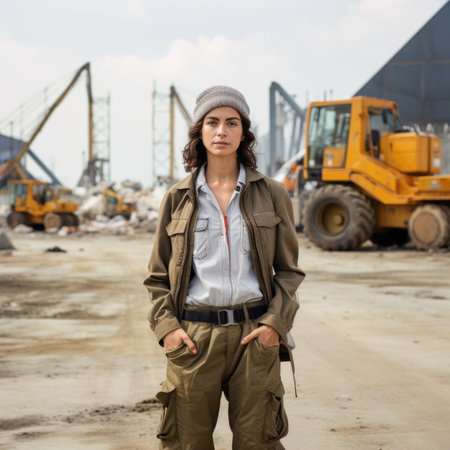 a woman engineer, builder or architect in a helmet against the background of a construction site.の素材