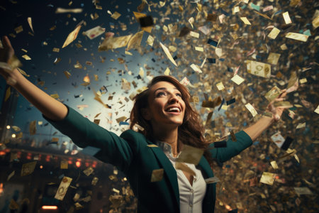 A happy girl in a festive outfit expresses her emotions and confetti flies at her.の素材