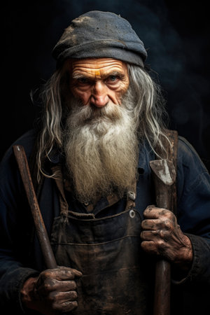 Portrait of an elderly male professional blacksmith on a black background.の素材