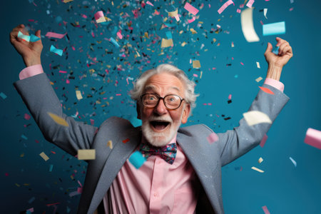A happy elderly man in festive attire expresses his emotions while confetti flies at him.の素材