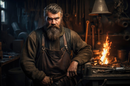 Portrait of a brutal man-a professional blacksmith in his own forge.の素材