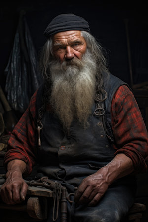 Portrait of an elderly male professional blacksmith on a black background.の素材