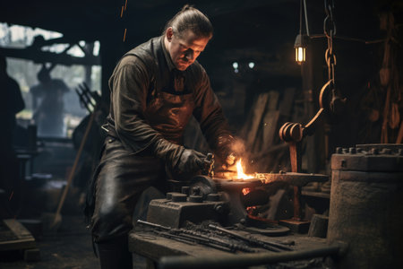 Portrait of a male professional blacksmith in his blacksmith shop.の素材