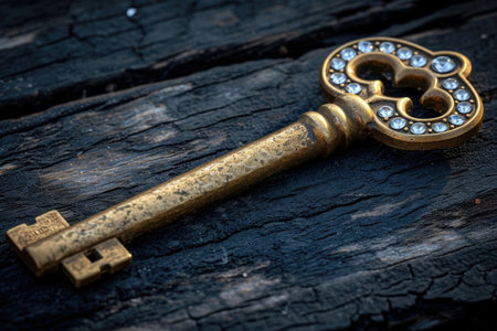 An old designer key with a lock decoration lies on a wooden background.の素材