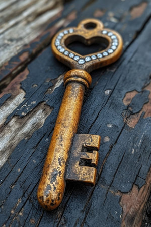 An old designer key with a lock decoration lies on a wooden background.の素材
