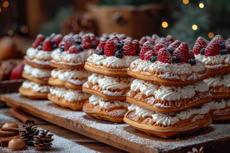 Delicious dessert table candy bar on a festive table with various sweets, cakes.の素材
