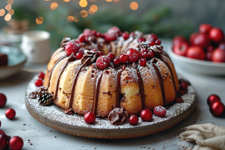 A stylish handmade cake stands on a festive table stand.の素材