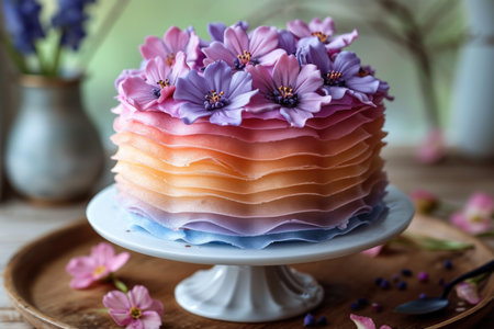 A stylish handmade cake stands on a festive table stand.の素材