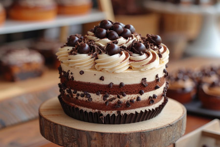 Stylish handmade cake on the table with chocolate.の素材