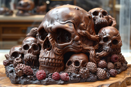 There is a large handmade designer chocolate cake with a skull on the table.の素材