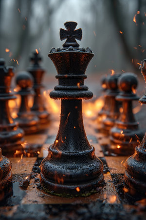 stylish black chess stands on a chessboard and a fire is burning around. Gloomy environment.の素材