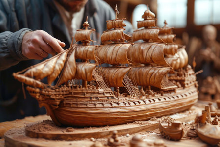 There is a large handmade designer chocolate cake in the shape of a ship with masts on the table.の素材
