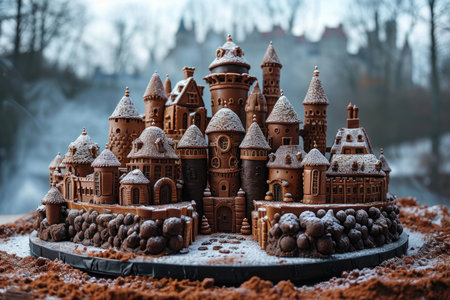 A designer large handmade chocolate cake castle stands on the table.の素材