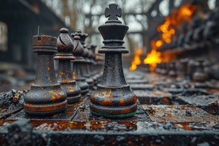 stylish black chess stands on a chessboard. Design work.の素材
