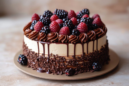 Stylish handmade cake on the table with chocolate.の素材