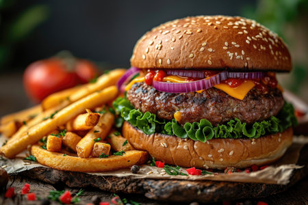 Burger with bacon, meat, cheese, tomatoes and herbs on the table. Close-up.の素材