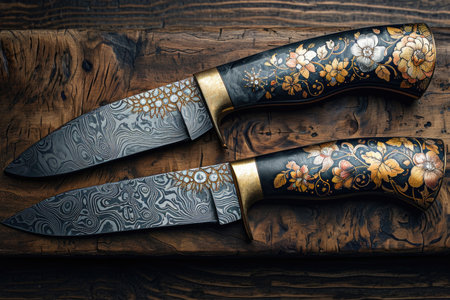 Knives made of Damascus steel on a wooden board.の素材