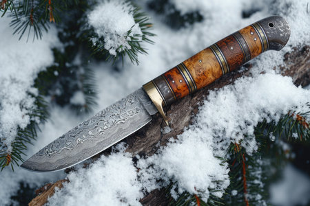 One Stylish Damascus steel kitchen knife on a wooden board.の素材