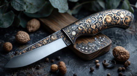 One Stylish Damascus steel kitchen knife on a wooden board.の素材