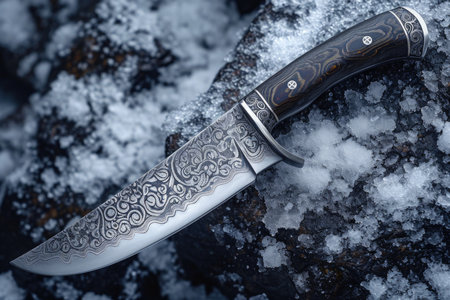 One Stylish Damascus steel kitchen knife on a wooden board.の素材