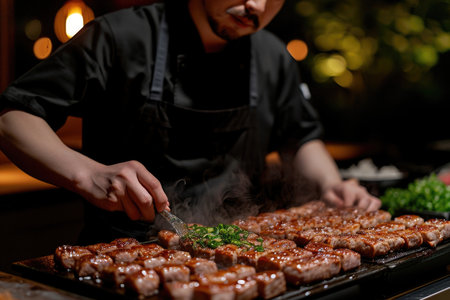 Lots of Meat steaks, the cook cooks on a stainless steel grill, with flames on a dark background. Food and kitchen concept.の素材