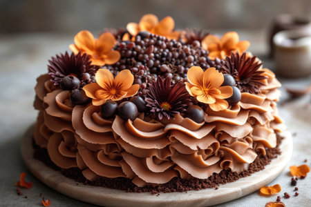 Stylish handmade cake on the table with chocolate.の素材