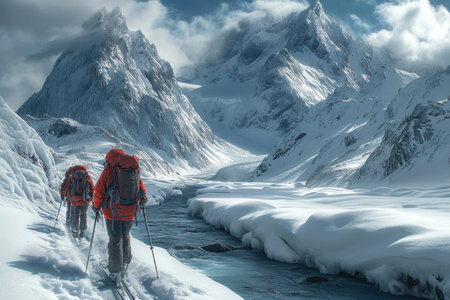 A group of climbers climbs to the top of a snow-covered mountain. The concept of a journey.の素材