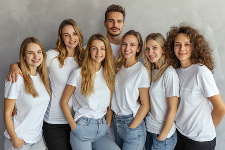 Portrait of self-confident people in full-length white T-shirts standing next to each other in the room.の素材