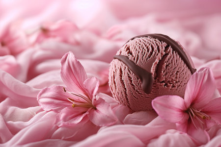 Balls of pink ice cream covered with chocolate. Strawberry flavor.の素材