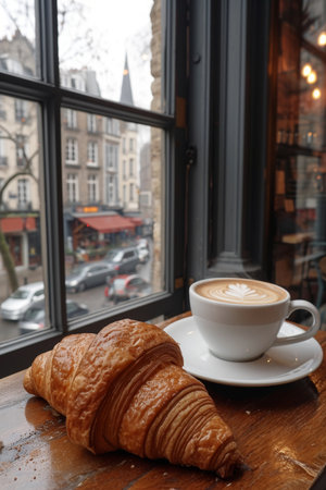 A cup of cappuccino with a croissant on the table..の素材