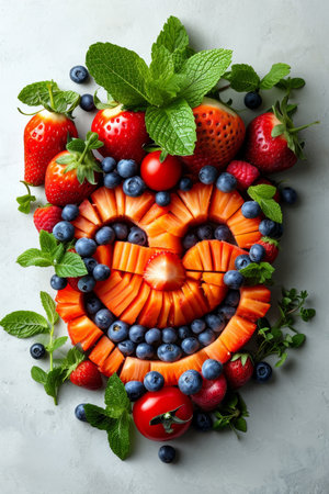 Vegetables and fruits are laid out on a white background.の素材