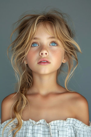 Portrait of a cute little girl with long blonde hair on a light background..の素材