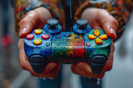 Close-up of a game joystick in human hands. Management concept.の素材