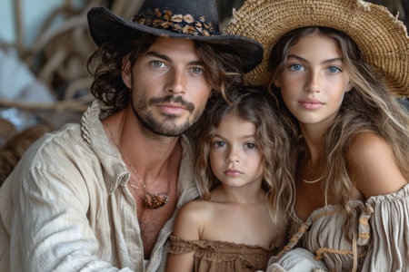 Portrait of a stylish family of three on vacation on a trip.の素材