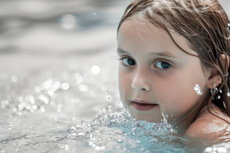 A pretty little girl is swimming in the pool.の素材