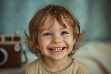 Portrait of a cheerful boy on a blue background.の素材