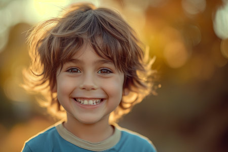 Portrait of a cheerful boy on a blue background.の素材