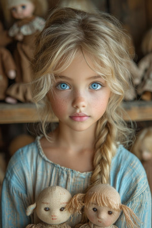 A close-up portrait of a little girl .She is a pretty, sweet, attractive, curious, creative, cheerful girl.の素材