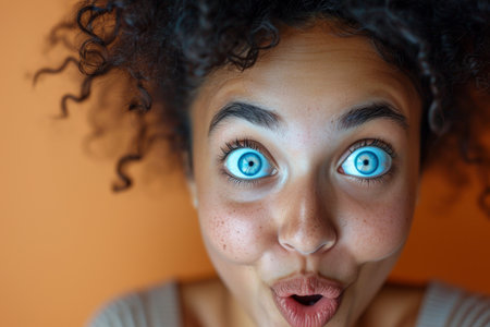 The young girl made a grimace with her lips, and stared at the orange background.の素材