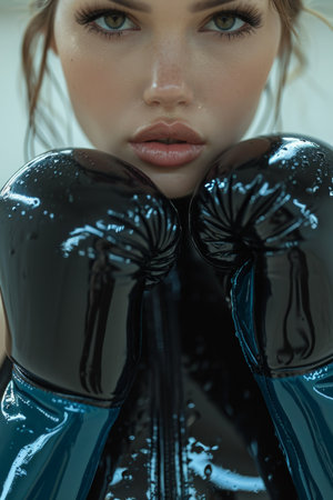 Portrait of a stylish girl in boxing gloves and latex suit on a white background.の素材