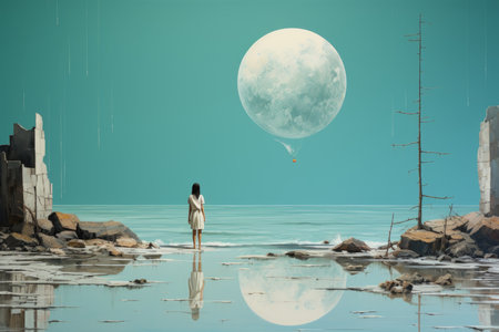 A little girl stands on the shore and looks into the distance. Surrealism. Illustration.の素材