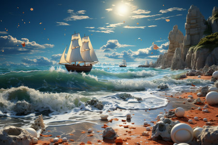 A ship with white sails is sailing in the sea near the shore. 3d illustration.の素材