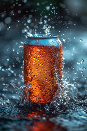 An aluminum beverage jar for your advertisement with splashes and drops of water.の素材