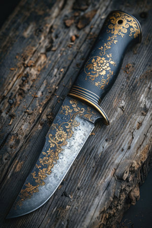 One Stylish Damascus steel kitchen knife on a wooden board.の素材
