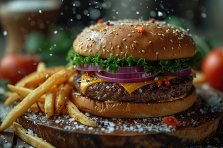 Burger with bacon, meat, cheese, tomatoes and herbs and fried potatoes on the table. Close-up.の素材
