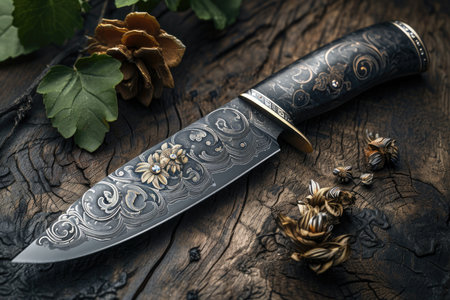 One Stylish Damascus steel kitchen knife on a wooden board.の素材