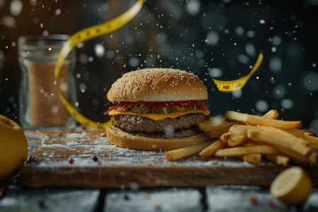 Burger with bacon, meat, cheese, tomatoes and herbs and fried potatoes on the table. Close-up.の素材